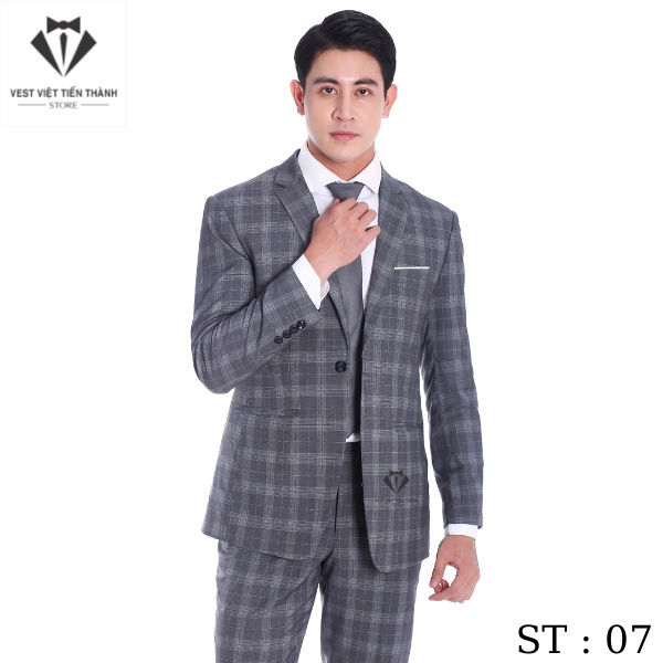 Bộ vest nam kẻ caro ghi cao cấp vest việt tiến thành