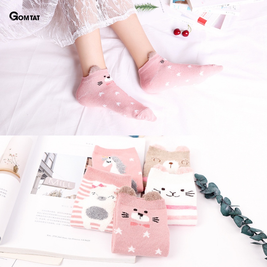 [Set 5 Đôi] Tất nữ Cổ Ngắn họa tiết tai gấu, vớ nữ dễ thương nhiều màu hong cách Hàn Quốc - LISU-TAIGAU-02
