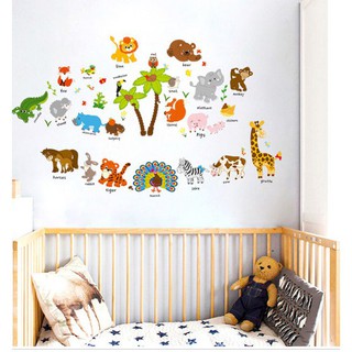 Decal dán tường vườn thú tiếng Anh 2 (2 cây dừa)