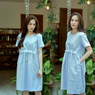 Đầm sọc babydoll dây rút eo 2 bên bụng
