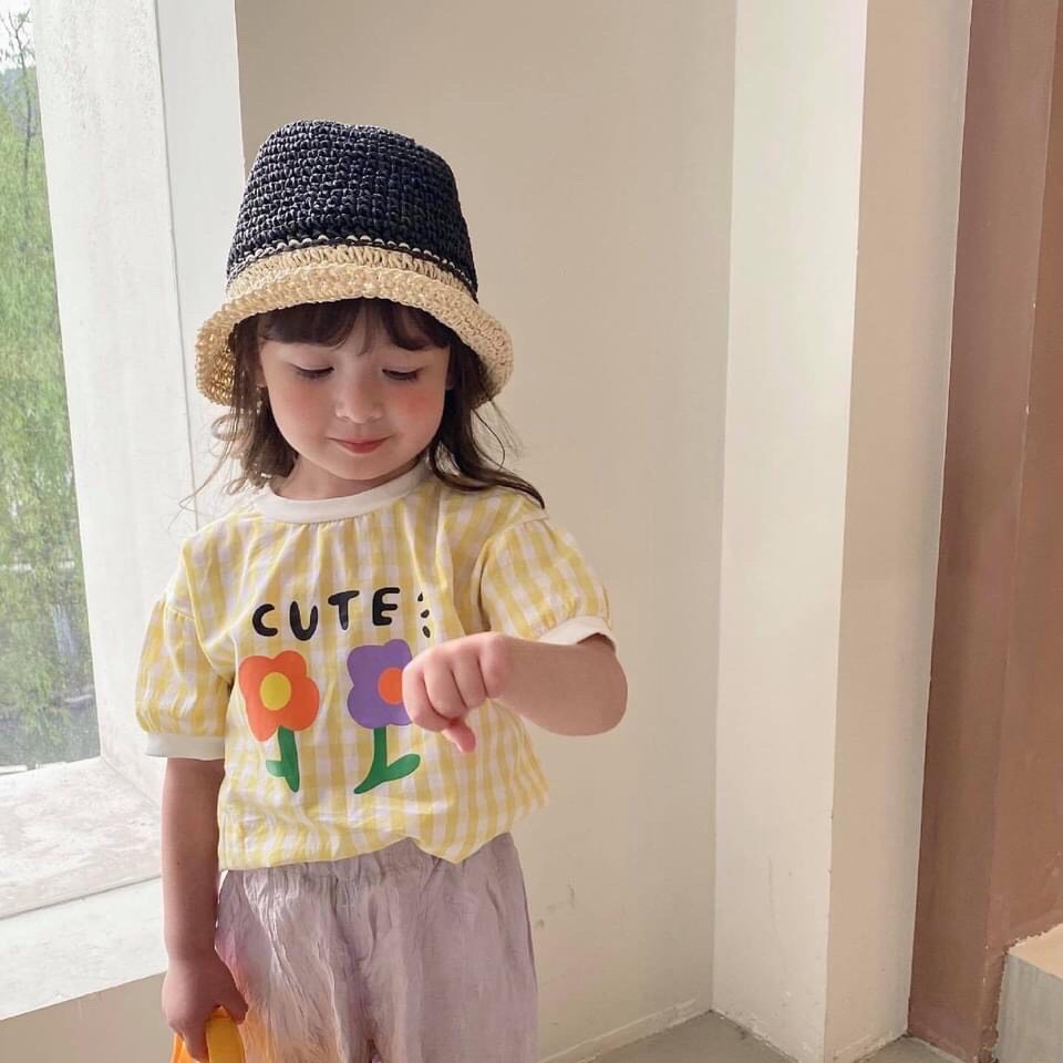 (LÔ MỚI)(SIZE 9-28KG)Áo thun bé gái phối caro Cotton loại 1 in hoa siêu đáng yêu