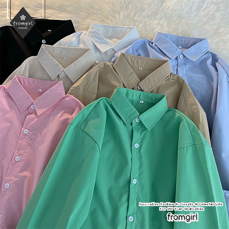 Áo sơ mi tay dài dáng rộng màu trơn phong cách Hàn Quốc thời trang xuân thu cho nữ