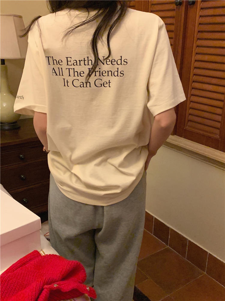 Áo Thun Tay Ngắn Cổ Tròn In Chữ Dáng Rộng Phong Cách Hàn Quốc 50371