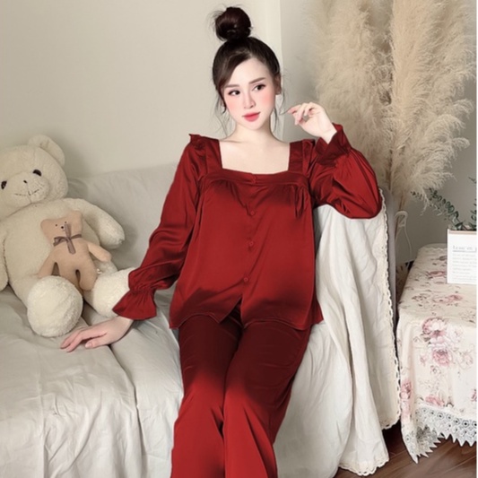 Bộ Mặc Nhà Lụa Latin Cao Cấp Quần Dài Tay Dài Áo Cổ Vuông Tiểu Thư Sang Chảnh Freesize Dưới 57kg