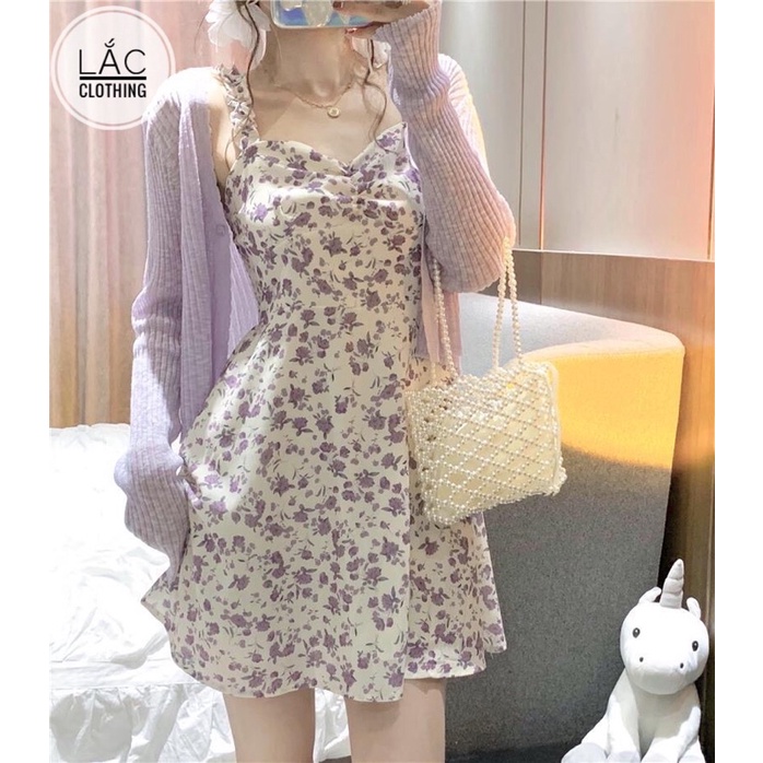 Set Váy Hai Dây + Áo Cardigan Len Tím Mỏng Phong Cách Bánh Bèo 2021