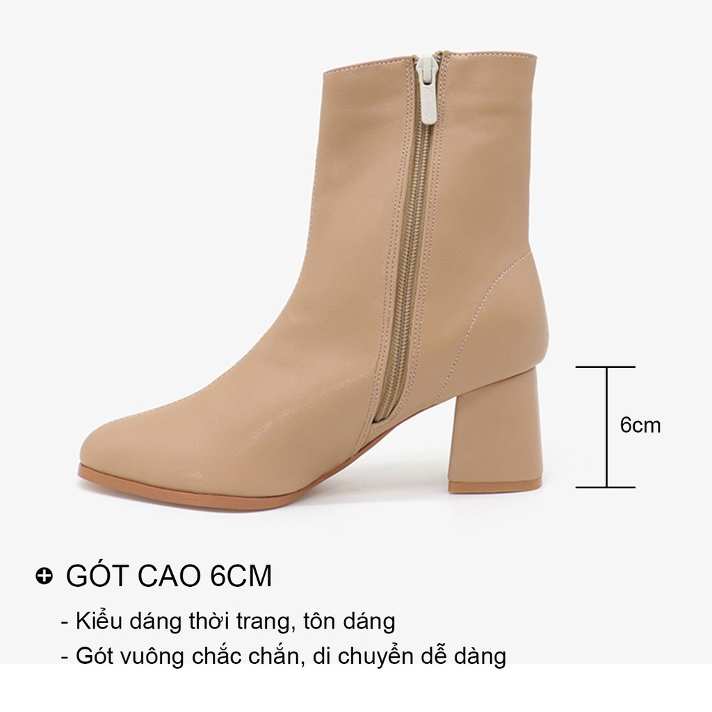 Boot nữ cổ cao gót vuông cao 6p dáng bốt lửng lót lông da mờ khóa cạnh màu đen trắng kem bAimée &amp; bAmor - MS1712