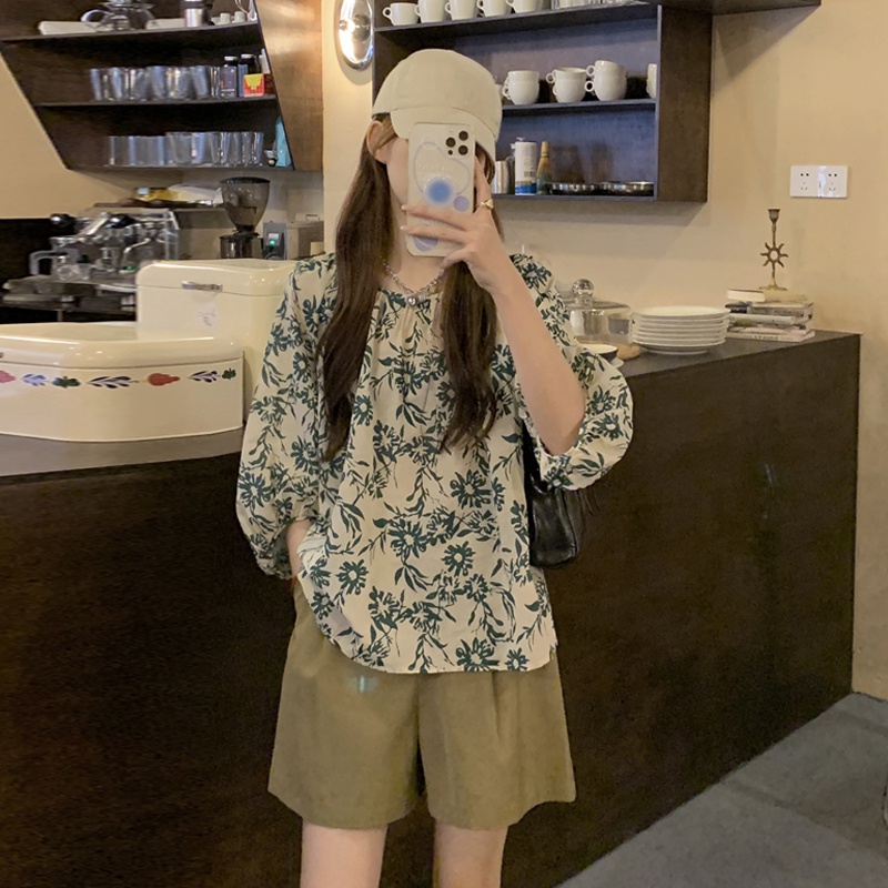 Áo kiểu SUXI tay lửng dáng rộng họa tiết hoa phong cách cổ điển thời trang mùa hè dành cho nữ