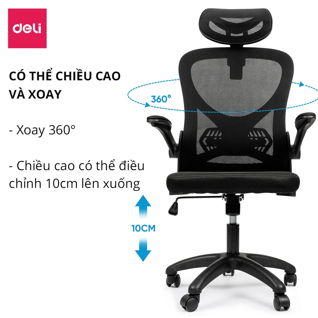 Ghế công thái học Deli Cao Cấp tựa đầu 3D, tựa tay điều chỉnh hỗ trợ cổ và cột sống chuẩn theo tư thế ngồi chính hãng