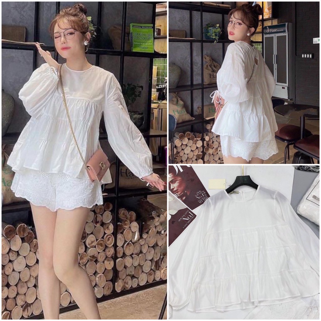 Áo babydoll dáng xòe tiểu thư áo kiểu dáng xòe cài cúc sau tay dài siêu xinh AN01