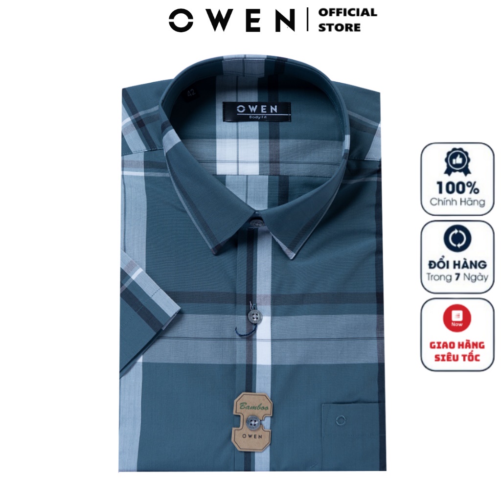 Áo Sơ Mi Nam Ngắn Tay OWEN BA220147NT Somi Công Sở Cao Cấp Màu Kẻ Lớn Xanh Trắng Vải Sợi Tre Dáng Suông Tà Bằng Có Túi
