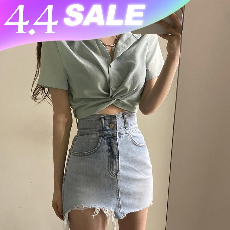 WEEKEEP American vintage kink polo collar shirt with all kinds of buttons short style high waist slim T-shirt ins