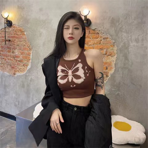 Áo Tank Top Mỏng Hở Rốn In Họa Tiết Bướm Kiểu Dáng Mới