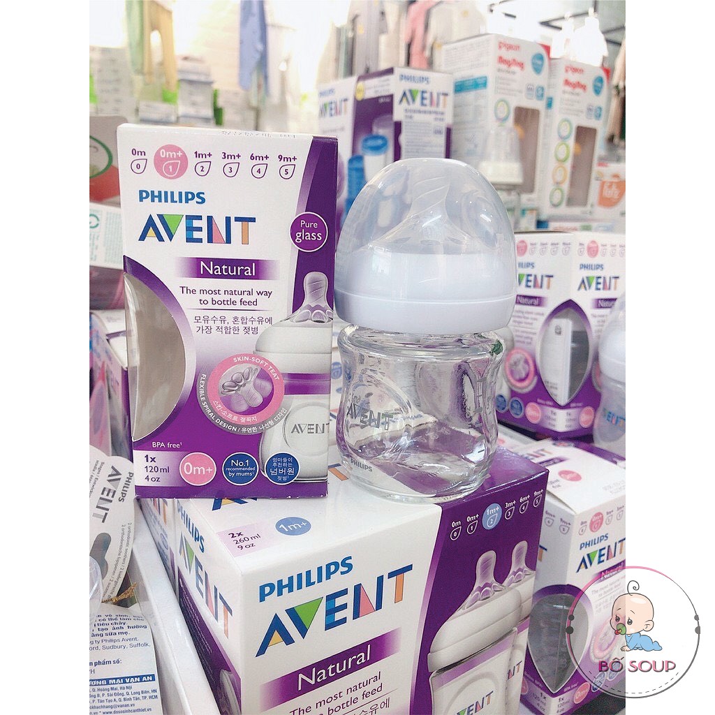 Bình Sữa Avent Natural Thuỷ Tinh 120 240ml [Được chọn núm 1 -> 5][Cam kết chính hãng]