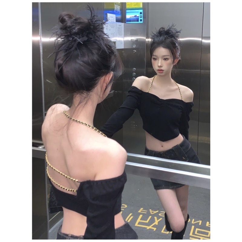 Áo croptop tay dài hở lưng phối xích ôm body sexy, áo vạt chéo ôm body A282