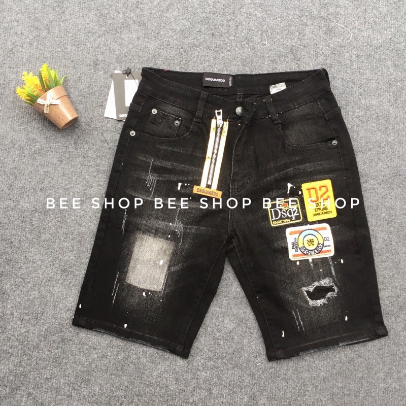 HOT- Quần bò ngố DSQ đính huy hiệu khoá chéo, quần jean đùi nam, quần short bò 3 logo - Bee Shop