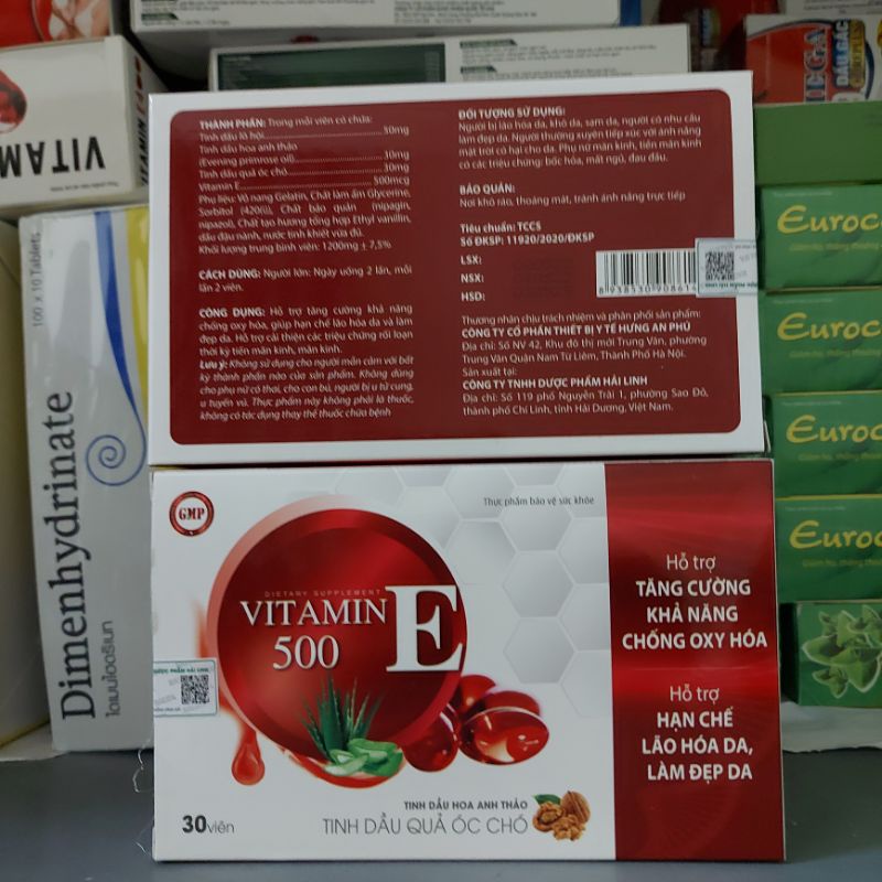 Vitamin E 500 thành phần lô hội, hoa anh thảo, quả óc chó- Giúp giảm lão hóa, cấp ẩm da, da sáng mịn- Hộp 30 viên