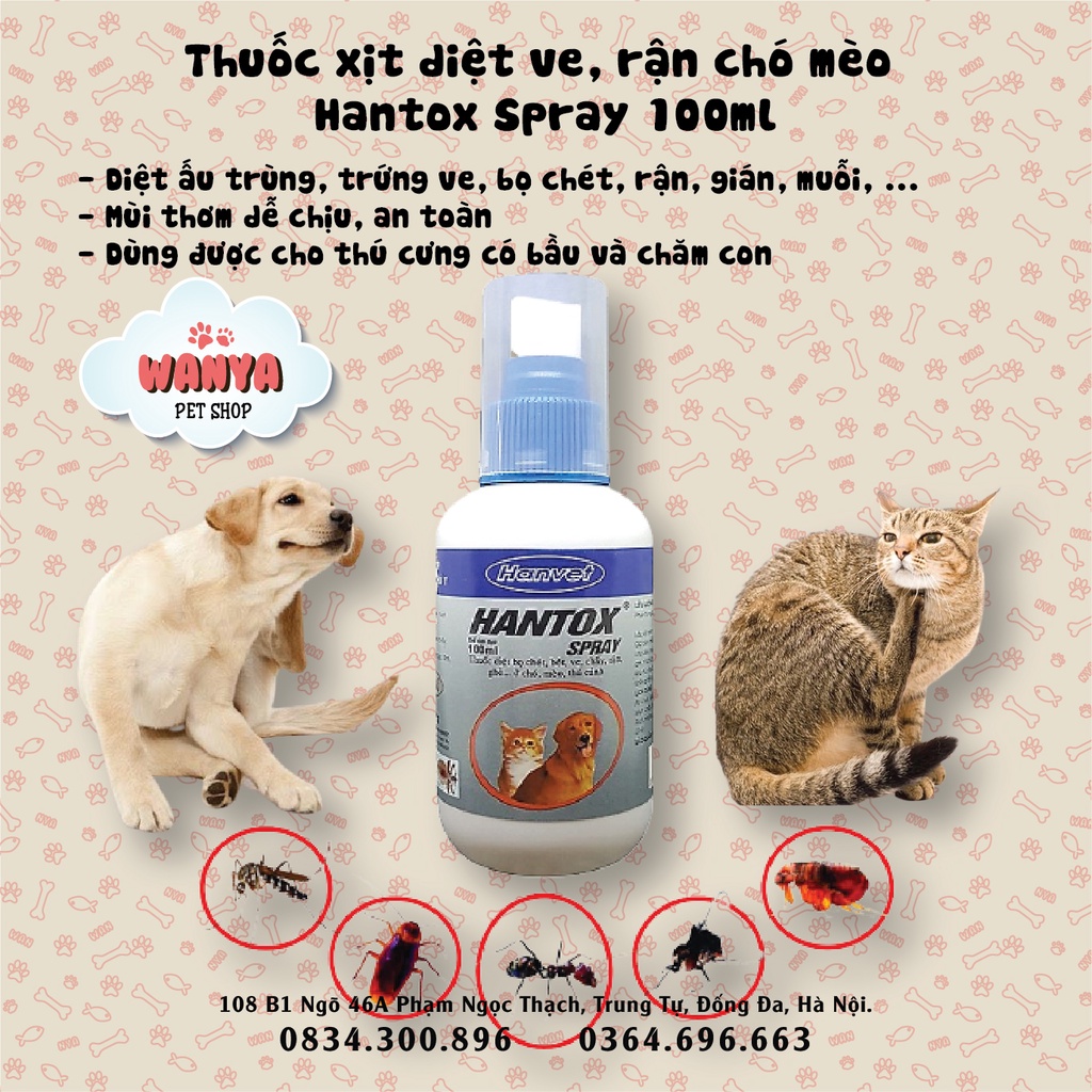 Xịt trị ve, rận cho chó mèo Hantox Spray 100ml - Thuốc diệt côn trùng thú cưng | Wanya Pet Shop