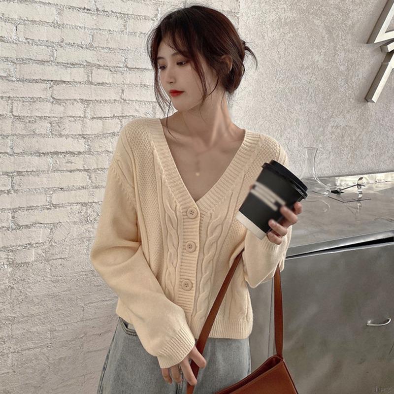 Áo khoác cardigan dệt kim cổ chữ V dáng rộng màu trơn thời trang Hàn Quốc dành cho nữ