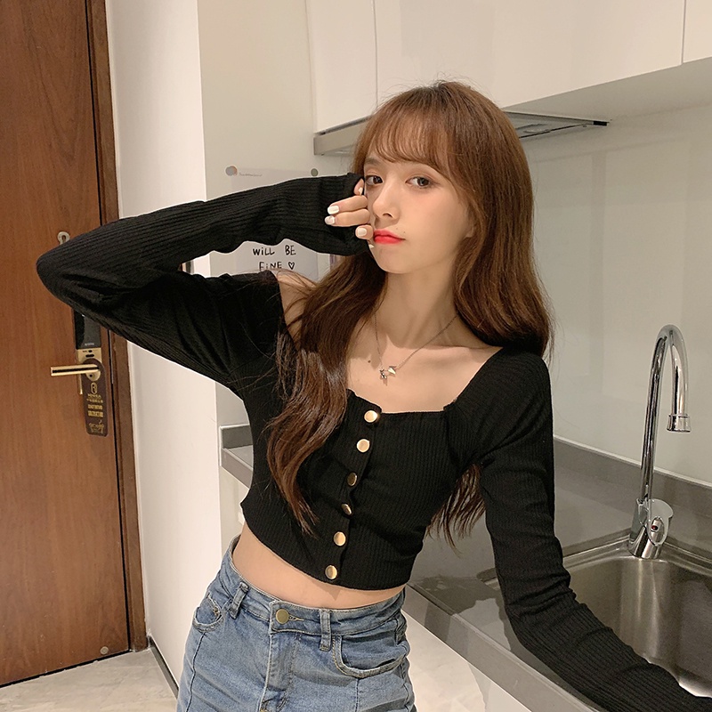 Áo dệt kim trễ vai cổ cao co giãn họa tiết kẻ sọc thời trang