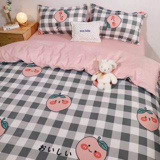 Set Chăn Ga Cotton Poly Đào Mà Hồng Ga Kẻ Caro Trắng Xám Cực Chất Shinbedding.shop