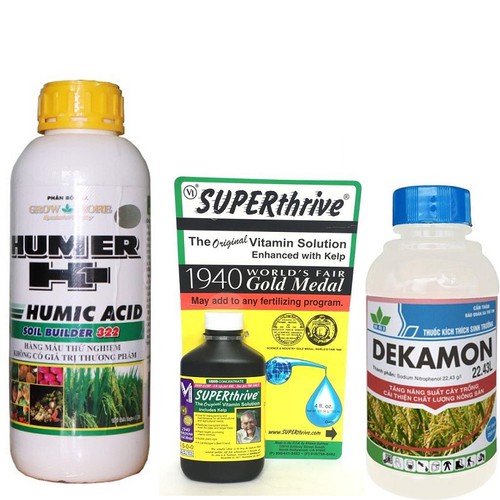 Combo 3 sản phẩm chăm sóc hoa lan humic 322 chai 1 lít, superthive chai 60ml và dekamon chai 100ml