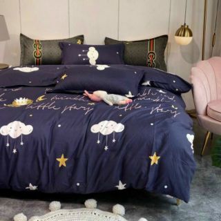 Cotton poly bộ chăn ga gối mây xanh