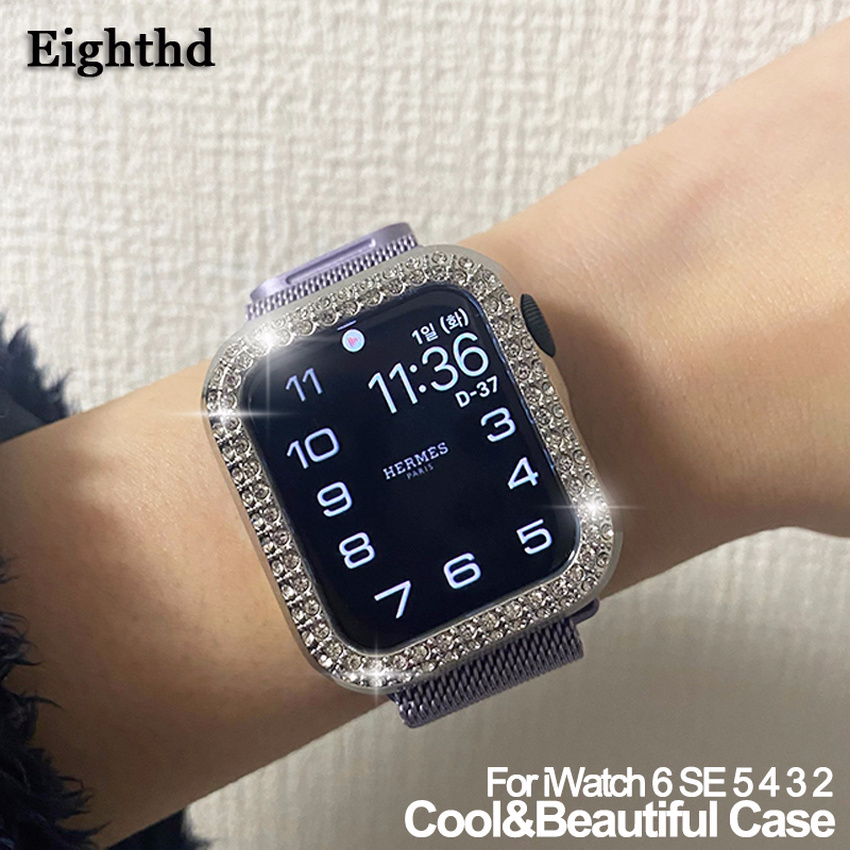 Ốp đá lấp lánh + Kính cường lực cho đồng hồ đeo tay Apple Watch Series 6 SE 5 4 3 2 1 Iwatch 38mm 42mm 40mm 44mm