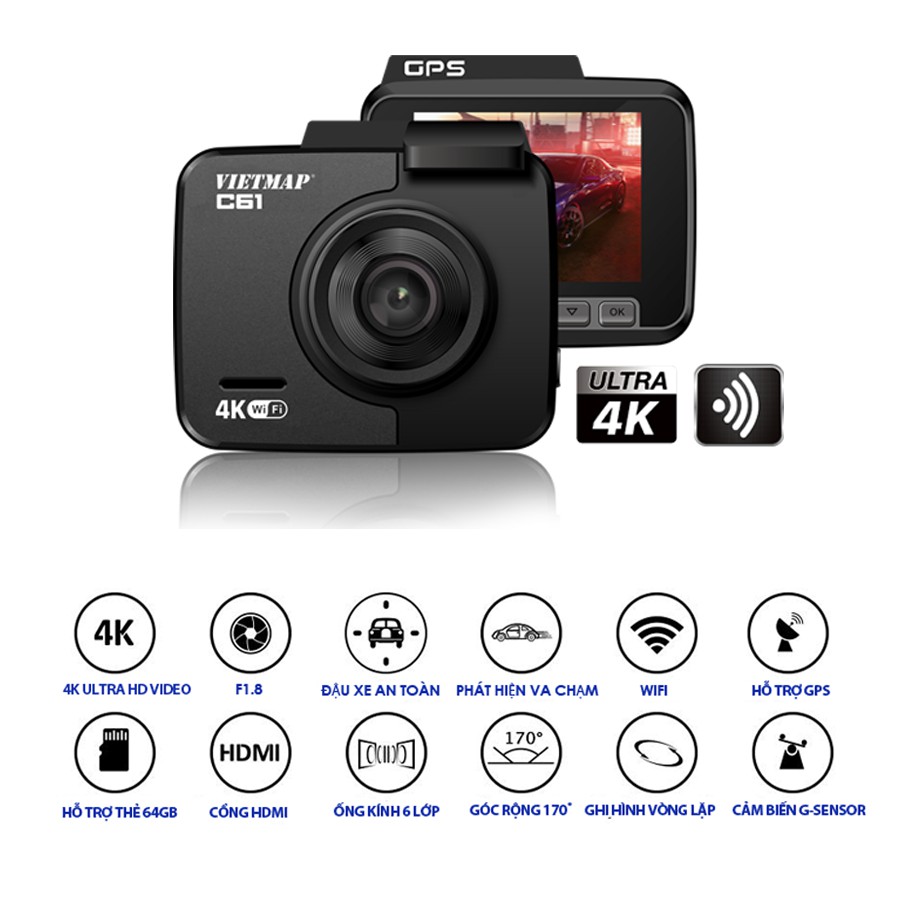 VIETMAP C61 PRO - Camera hành trình 4K Cảnh Báo Giao Thông Giọng Nói - Nâng cấp âm thanh - HÀNG CHÍNH HÃNG