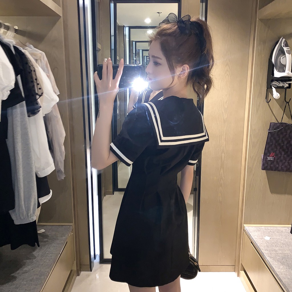 "New" Korean Version of Color Matching Navy Collar Single-breasted Dress Academic Temperament Waist Slim A- Line Skirt | BigBuy360 - bigbuy360.vn
