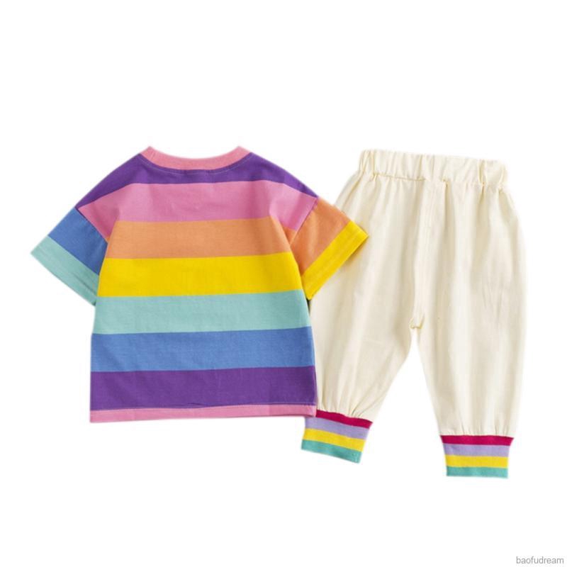 Set áo thun tay ngắn phối quần short họa tiết cầu vồng thời trang mùa hè cho bé trai + gái