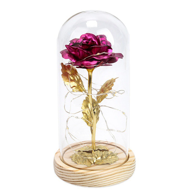 Louis Garden Beauty and The Beast Rose Kit, Colorful Gold Foil Rose and Led Light in Glass Dome on Black Wooden Base for Home Decor