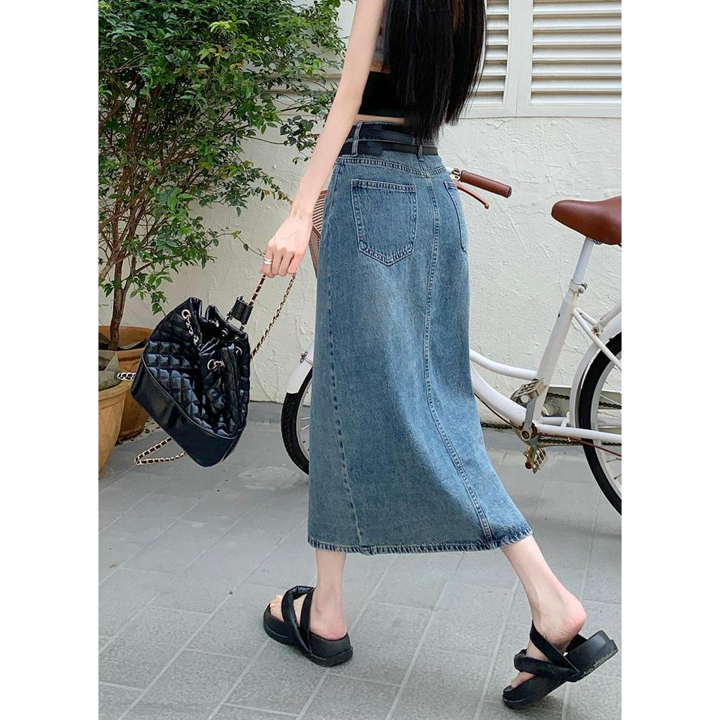 Chân Váy Denim Dáng Chữ A Lưng Cao Phối Thắt Lưng Phong Cách Retro Thời Trang Mùa Hè Hàng Mới 63754