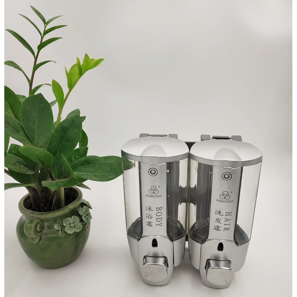 Free ship 50k - Hộp chứa nước rửa tay, sữa tắm, dầu gội gắn tường đôi (màu bạc) - HV Store 168