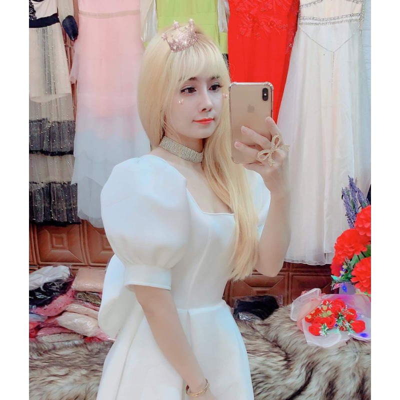 Đầm xòe công chúa tay phồng nơ to sau lưng anh thât