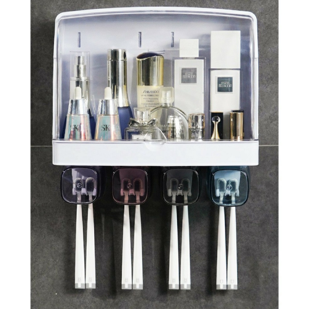 Kệ đựng dụng cụ nhà tắm,bàn chải đánh răng, mỹ phẩm đa năng có nắp chắn nước kèm ly gắn tường tiện dụng