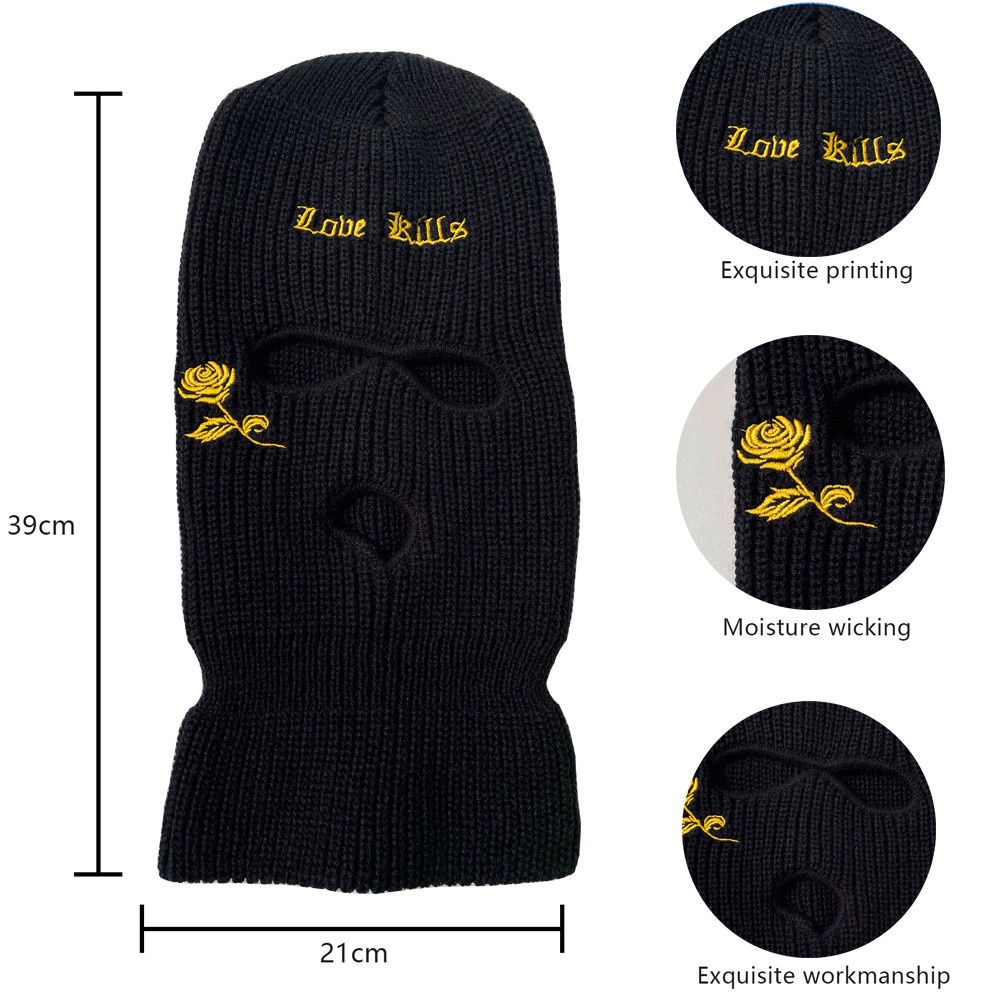 Mũ Len Beanie Thêu Hoa Hồng 3 Lỗ Unisex