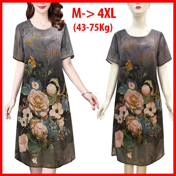 GOTI - Đầm Trung Niên Nữ Dáng Suông Rộng Cổ Tim Tay Ngắn Vải Voan 2 Lớp Big Size Cho Mẹ 3318 3313 3316