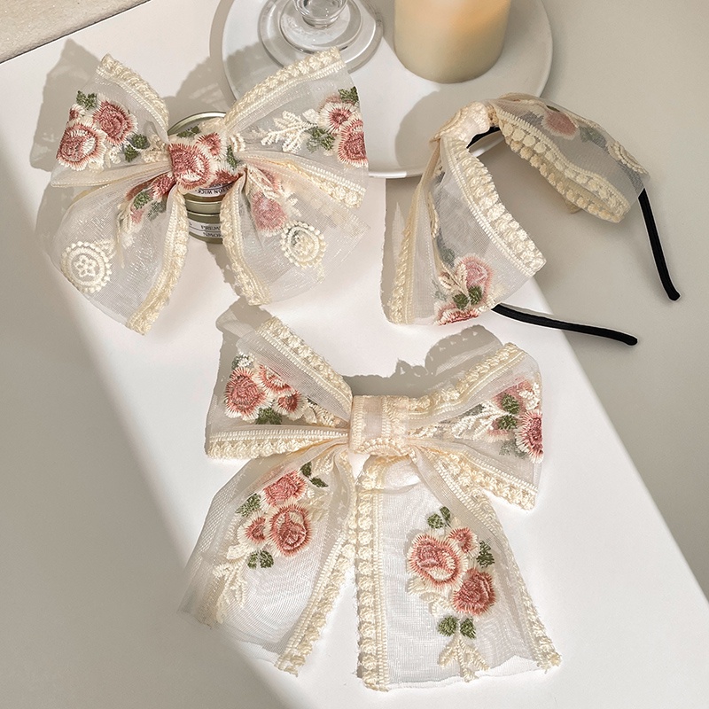 Kẹp Tóc Nơ Lớn Thêu Họa Tiết Phong Cách Hàn Quốc Cho Nữ