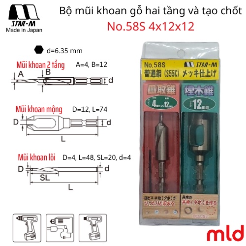 Mũi khoan gỗ hai tầng và tạo mộng Star-M, bằng thép carbon, No.58S-S4120 [MADE IN JAPAN]