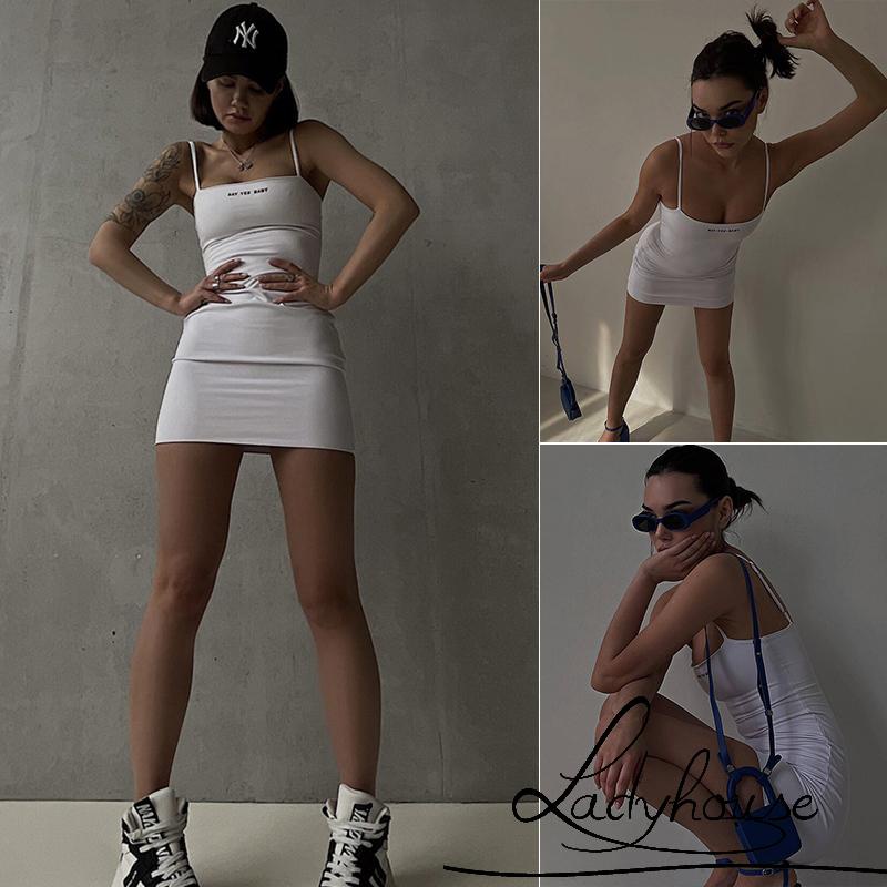 Đầm Hai Dây Không Tay In Chữ Thời Trang Mùa Hè Cho Nữ