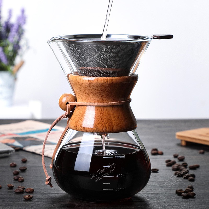 Bình pha v60 cà phê cafe pour over V60 Chemex drip không giấy lọc Inox 304 600ml