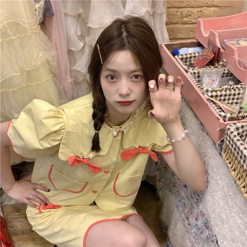 Set Áo Sơ Mi Cổ Búp Bê Thắt Nơ + Chân Váy Lưng Cao Phong Cách Nhật Bản Thời Trang Cho Nữ