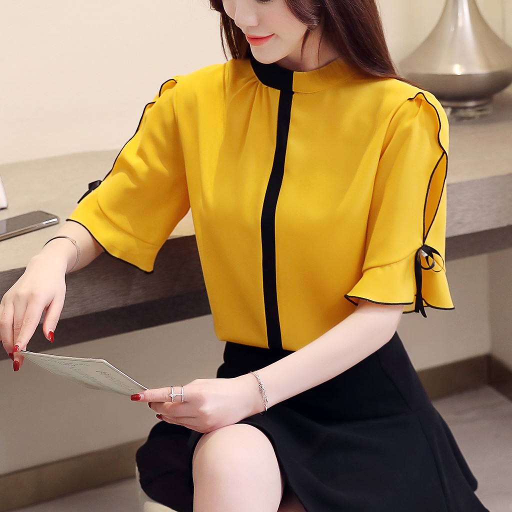 Áo Nữ Thiết Kế ❣️𝑭𝒓𝒆𝒆𝒔𝒉𝒊𝒑❣️ Áo Sơ Mi Nẹp Giữa Khoét Tay Thắt Nơ SM195 - Hàng VNXK - Candy Fashion