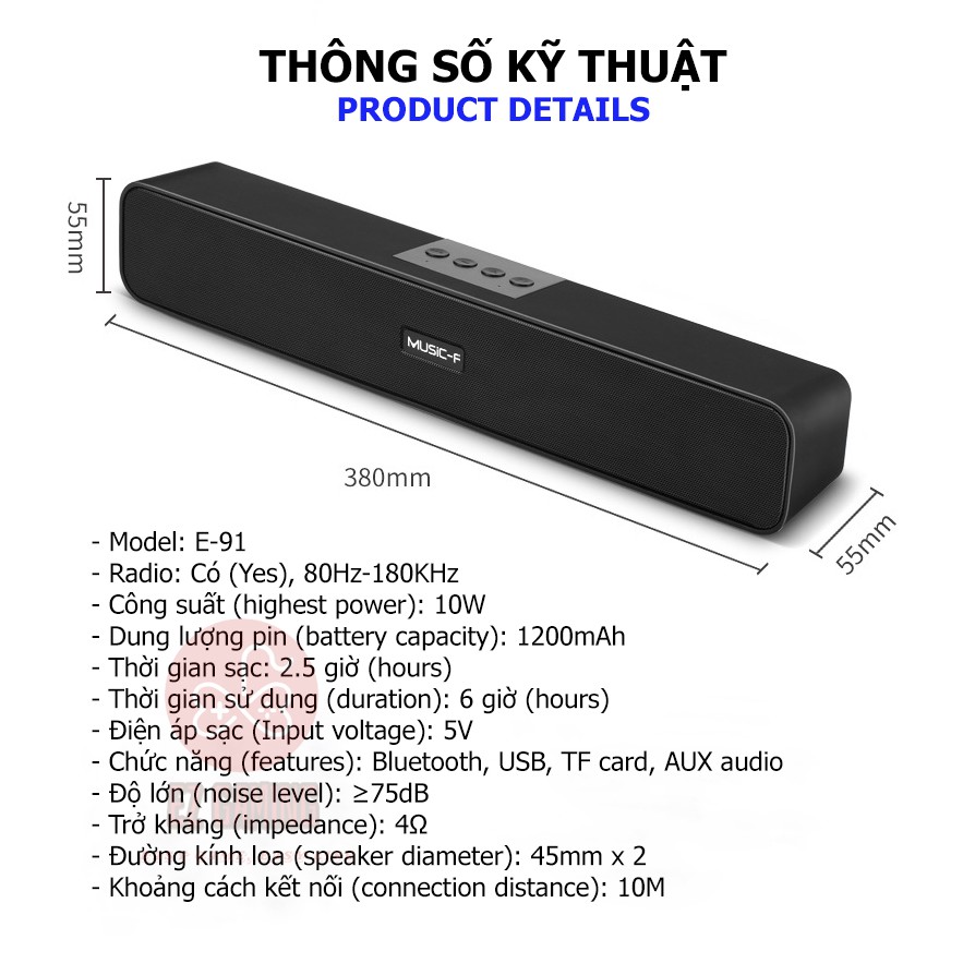 [Free Ship] Loa Thanh soundbar 2.2 Bluetooth E91 10W, Pin dung lượng lớn, âm thanh sống động, Hổ trợ thẻ nhớ,USB.