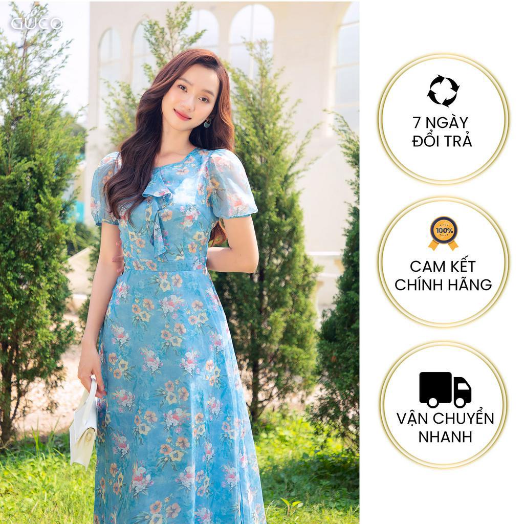 Đầm maxi hoa cổ tròn bèo ngực - Xanh 3974