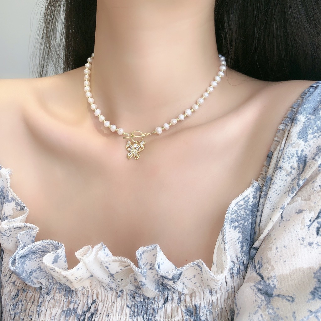 Vòng cổ Mặt Bướm Đính Đá Zircon Ngọc Trai Thanh Lịch