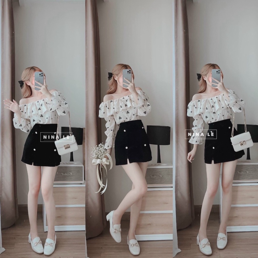 Áo kiểu nữ- Áo sơmi trễ vai phong thái korea mặc đi chơi, đi du lịch_137 Nội y xanh chất đẹp deal xịn sexy