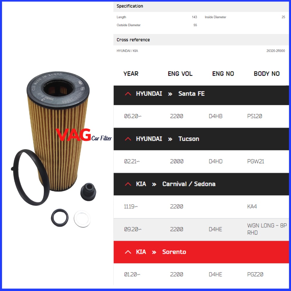 Lọc dầu máy Hyundai Santafe, Tucson, Kia carnival, Sorento 2.2 2021-  Lọc dài mã 26320 - 2R000