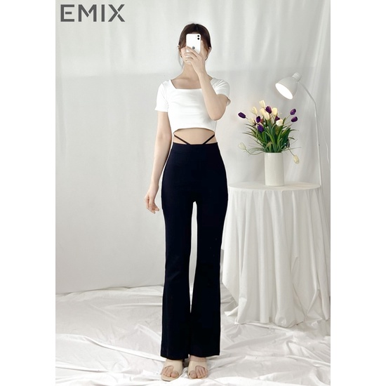 Quần ống loe dây đan cá tính tôn vòng 2 EMIX (màu đen), basic, dáng dài 95cm, cạp cao, vải thun cotton co giãn  Q820