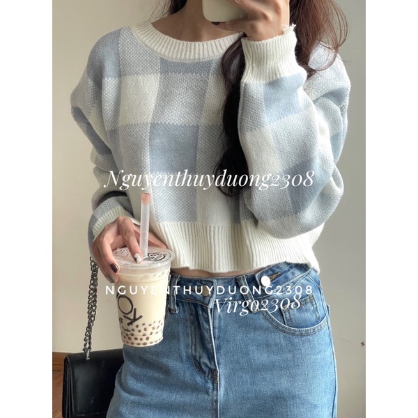 [HÀNG SẴN]ÁO LEN CROPTOP KẺ CARO cổ tròn hàng Quảng Châu
